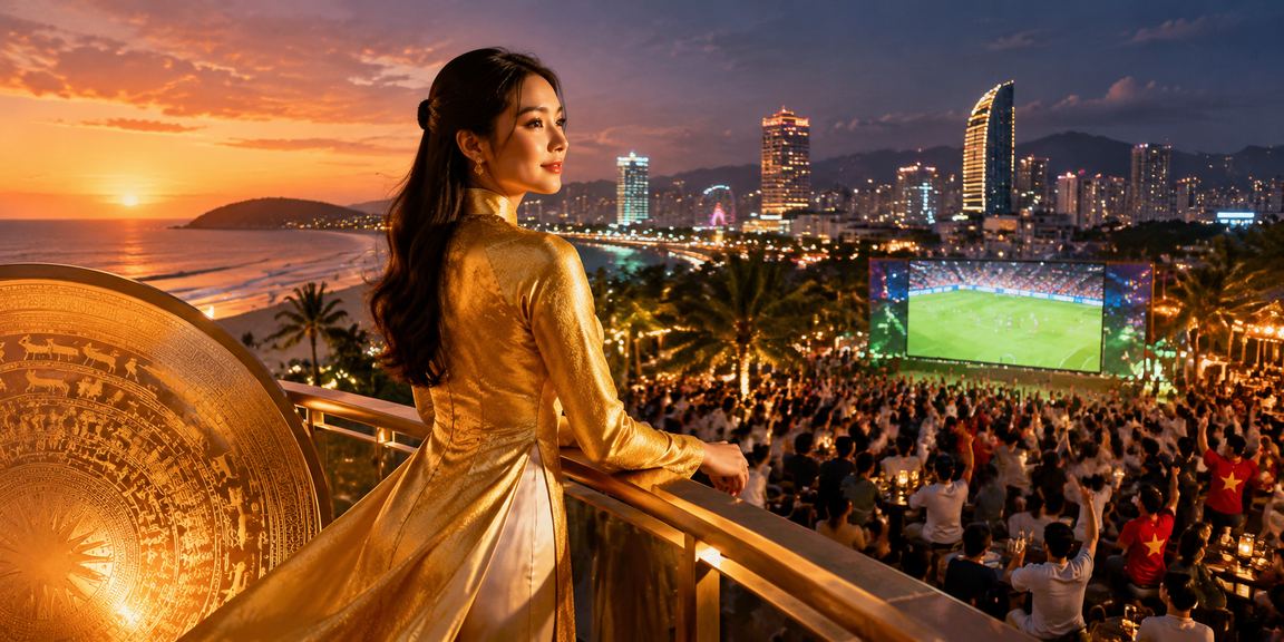 Người chơi trải nghiệm cá cược trên điện thoại tại bãi biển Phú Quốc với áo dài